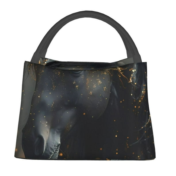Fotbe Black And Gold White Horse Bolsa Térmica Portátil con Estampado, Bolsa de Entrega de Alimentos Aislada, Bolsa Reutilizable de Gran Capacidad para Comidas y Supermercado