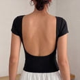 thumbnail image 5 of Women's U-Shaped Backless Short-Sleeve Tops Solid Color Boat Neck Base T-Shirt Bodycon Casual Tees Yoga Workout Tops Black, 5 of 7