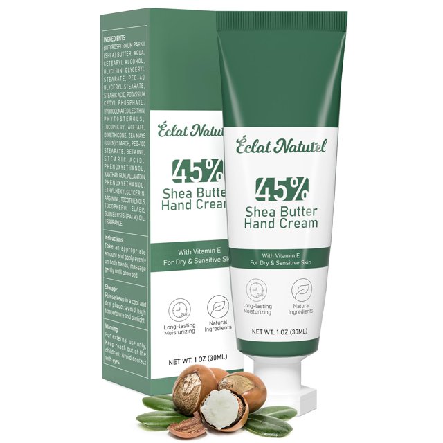 Crema de manos de manteca de karité CLAT NATUREL hecha con 45% de manteca de karité y vitamina E, humectante para manos, hidratación profunda, manos secas, mini loción para manos, tamaño de viaje, 1 f