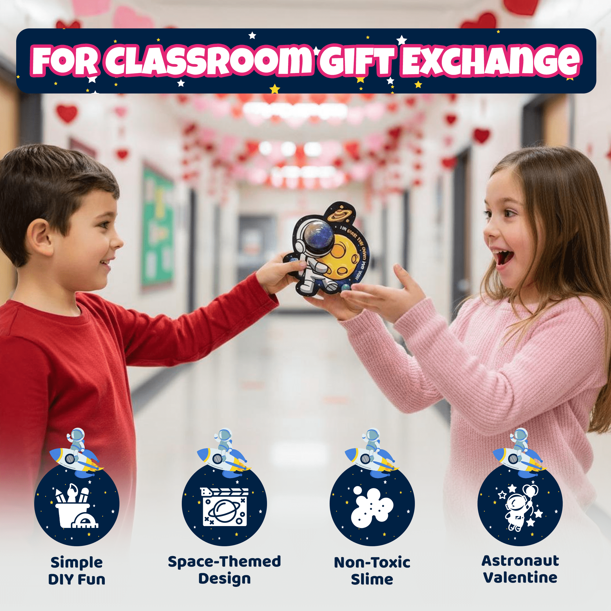 4E's Novelty Valentines Cards with Slimes for Kids (28 Pack) - Galaxy Slime Valentine, Astronaut Cards