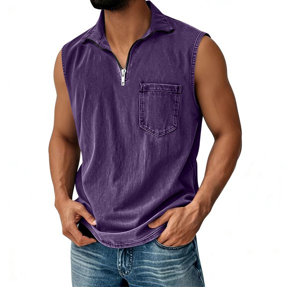 Lumtrix Mens Sleeveless Denim Shirts 1/2 Zip Collared Vintage Muscle Tank Tops Workout Loose Undershirts with Pocket Purple 3XL