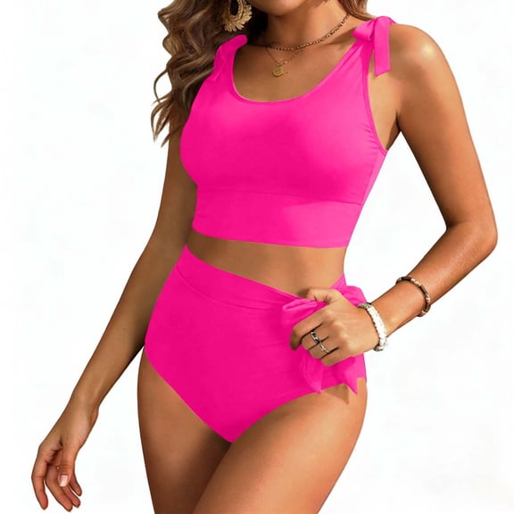 JSGEK Womens Swimsuit Set Crop Top Design High Waist Bottom Side Tie Detail Ribbed Texture Tummy Control Fabric for Beach Outings Pink L