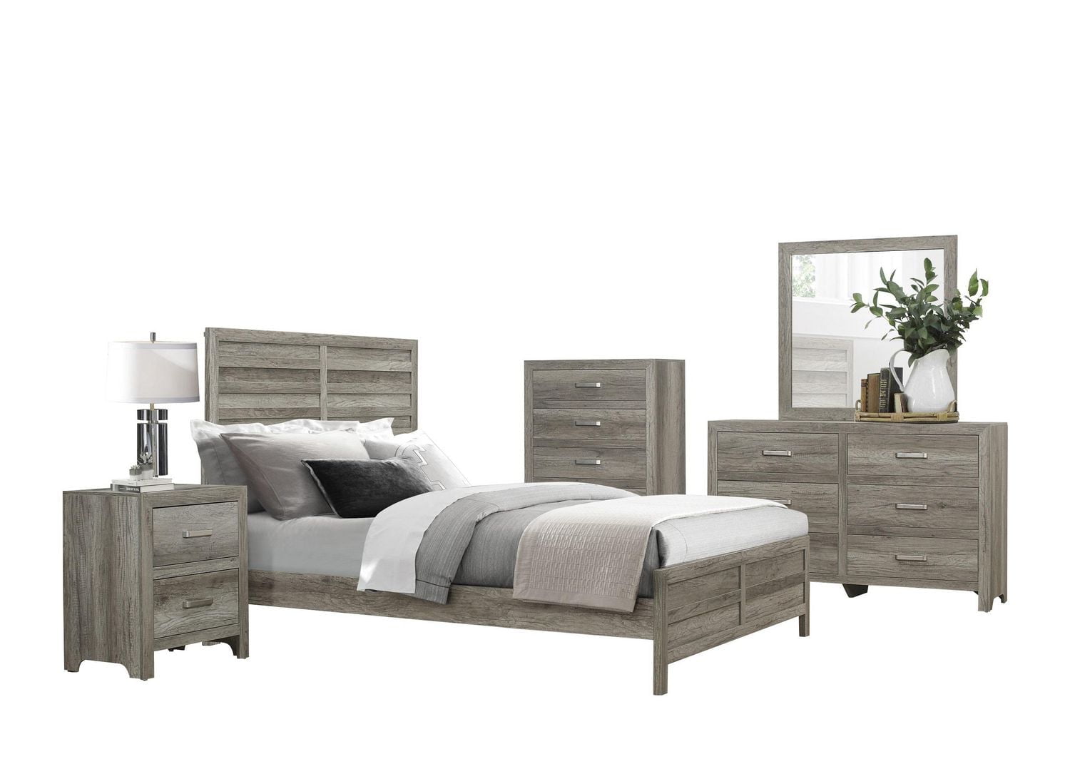 Topline Home Furnishings Ensemble de chambre à coucher pour grand lit 6 pièces gris patiné