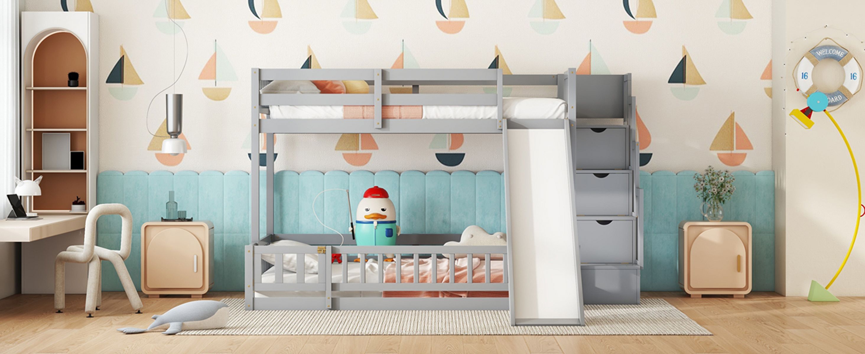 Sailvan Twin Over Full Bunk Bed with Slide, Storage Staircase, Pine Solid Wooden Bunk Bed with Safety Guardrails