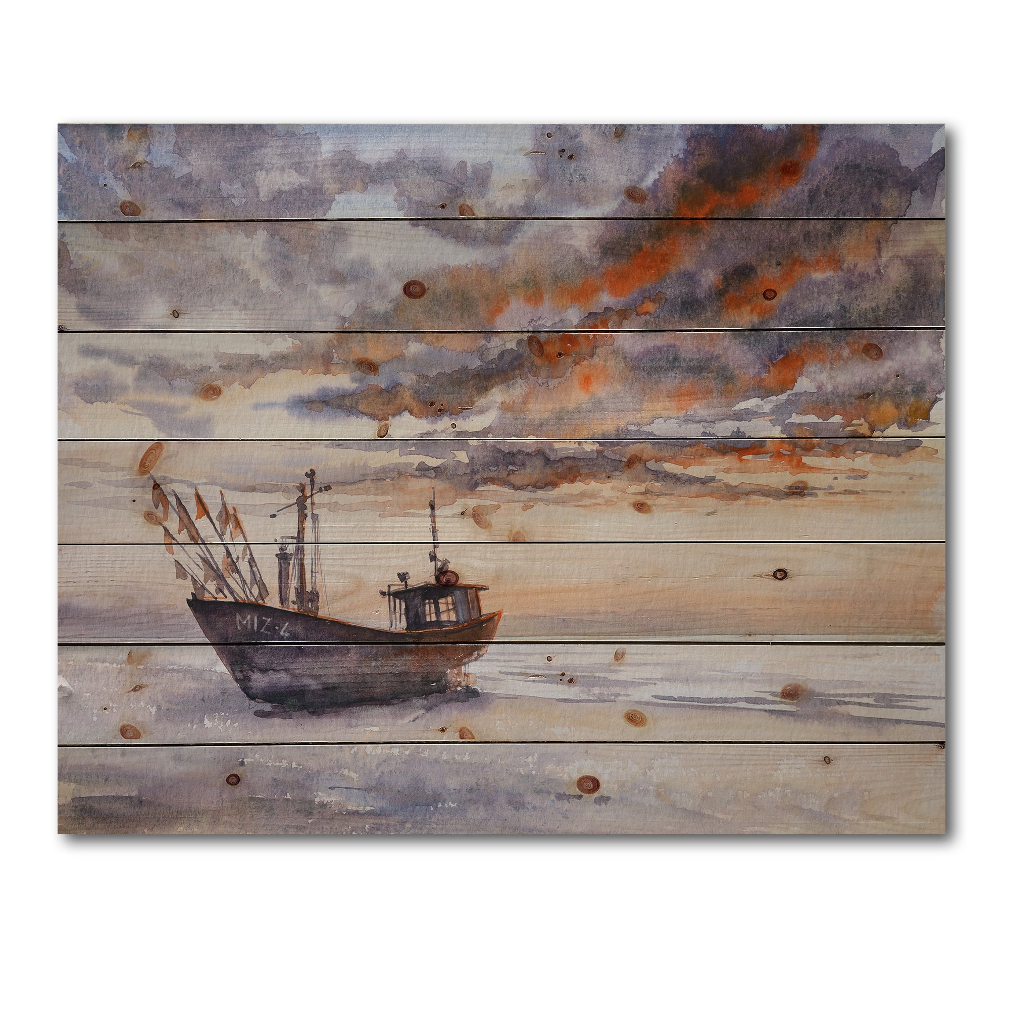 Designart 'Wooden Fishing Boat On The Baltic Shore With Evening Clouds' Nautical & Coastal Print on Natural Pine Wood