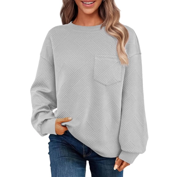 Gnshining Knit Ribbed Sweatshirts for Women Long Sleeve Crew Neck Textured Pullovers Fall Fashion Loose Solid Color Tunic Tops with Chest Pocket