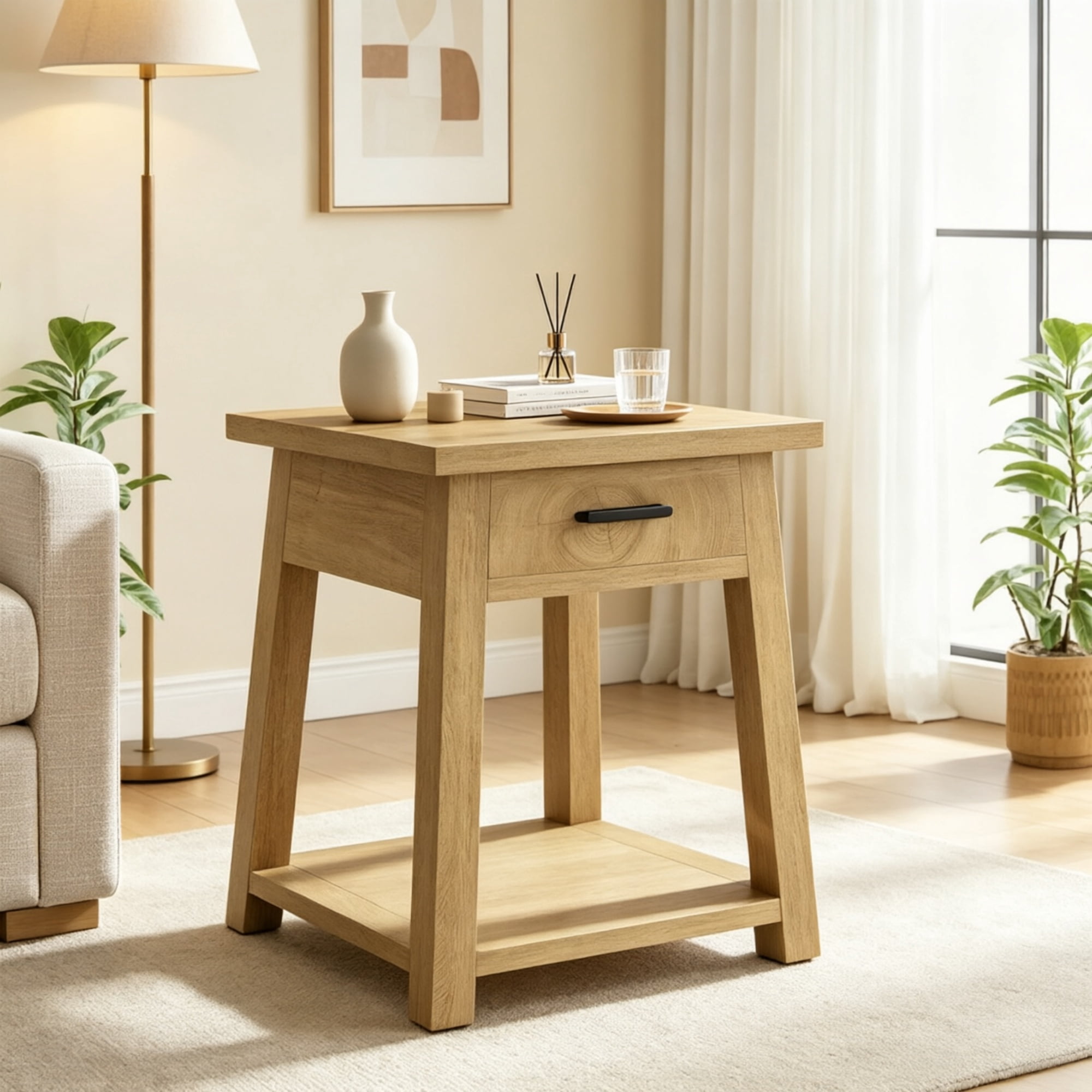2 Tier End Table with Drawer Wooden Side Table with Shelf Storage
