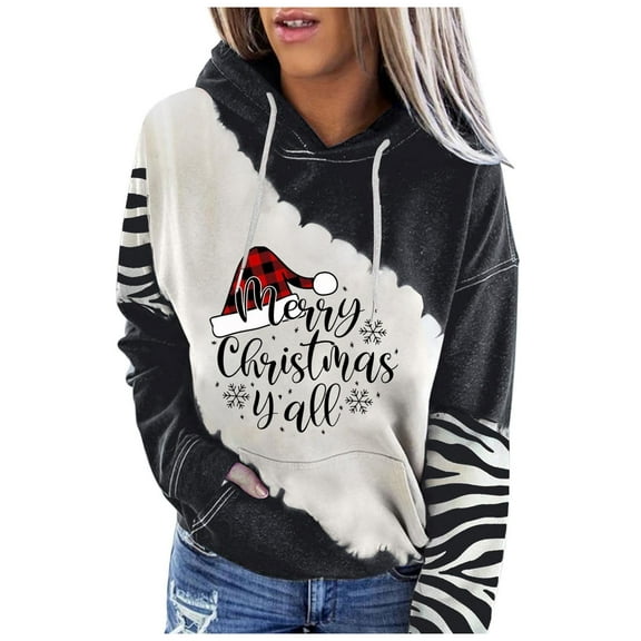 asdoklhq Clearance Plus Size Christmas Clothing, Women's Print Round-Neck Pullover Tops Long Sleeve Hooded Blouse Sweatshirt