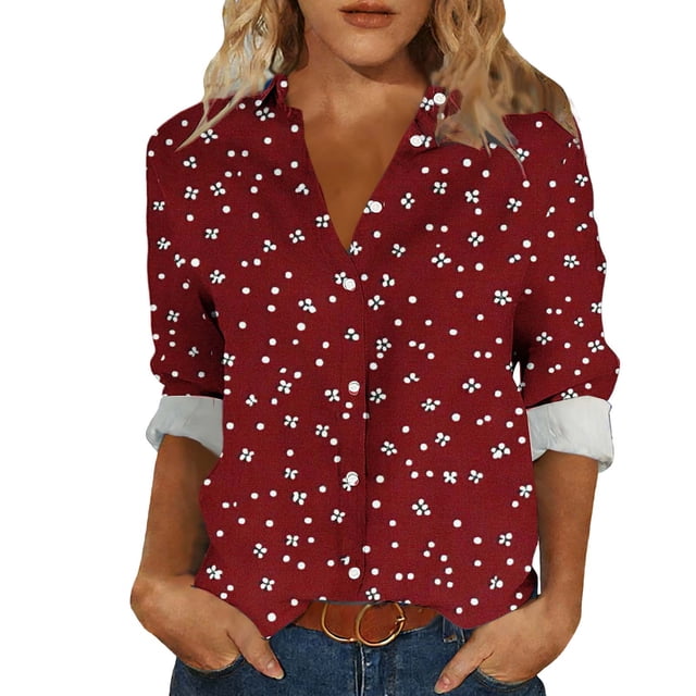 Camisas de cuello de la tripulación de manga corta para las mujeres impresas de la blusa de la apariencia del lino con el cuello girado hacia abajo botón mangas de manguito Top de verano casual
