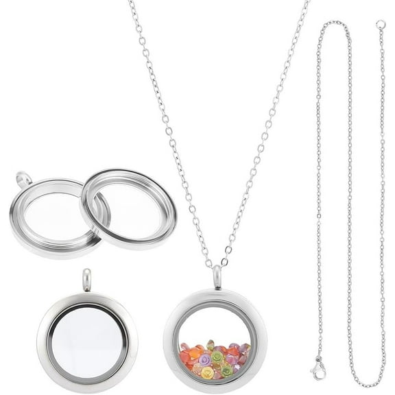 DIY Picture Photo Necklace Making Kit Including 304 Stainless Steel Cable Chain Necklace & Flat Round Locket Pendants Stainless Steel Color Necklace: 450mm 2mm