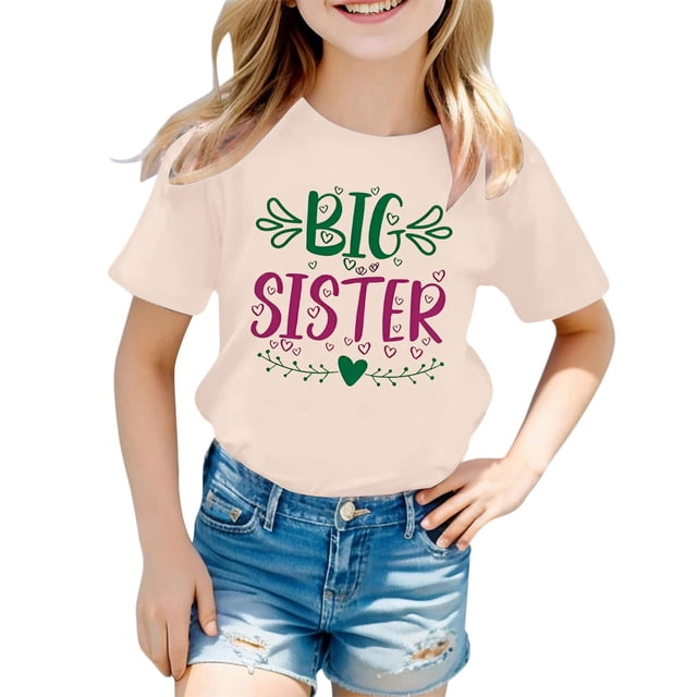 NINGMENG T-Shirts et Hauts pour Tout-Petites Filles, Imprimé de Lettres, Col Rond, Manches Courtes, Mode Décontractée, Hauts, Chandail, T-Shirts, Tenue Quotidienne, Beige, 3-4 Ans