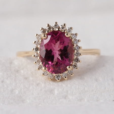 Oval Cut Pink Tourmaline & Cubic Zirconia Halo Ring, 925 Sterling Silver Engagement Ring, Handmade Fine Jewelry, Prong Setting, Minimalist Ring.