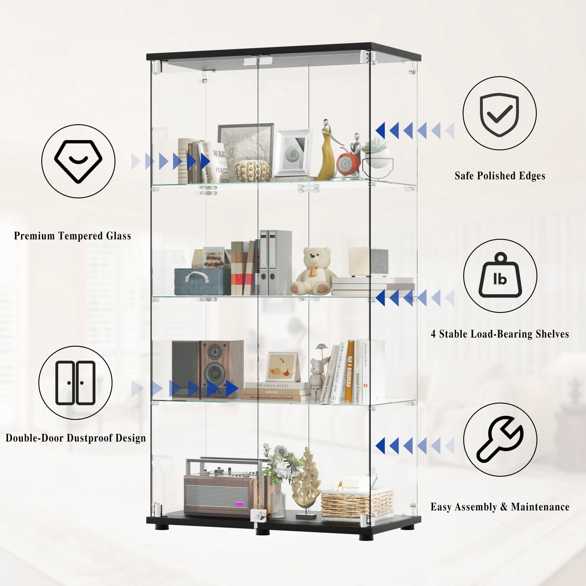 BEAUTYPEAK 64" Display Cabinet with Glass Doors,4-Tier Double-Door Curio Cases with White Panels