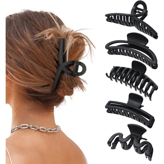 5 pinzas para el cabello grandes, pinzas para el cabello antideslizantes grandes para mujeres, niñas, pinzas para el cabello para cabello grueso, cabello fino (todo negro) JM
