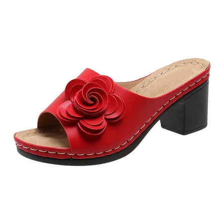 

Women S Sandals Summer Chunky Vintage Solid Color Floral Leather Plus Size Slippers