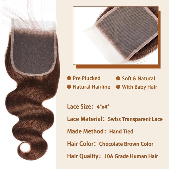 ChicRosa 4#-BW-LCF 4x4 Body Wave Lace Closure, Chocolate Brown 10A Human Hair