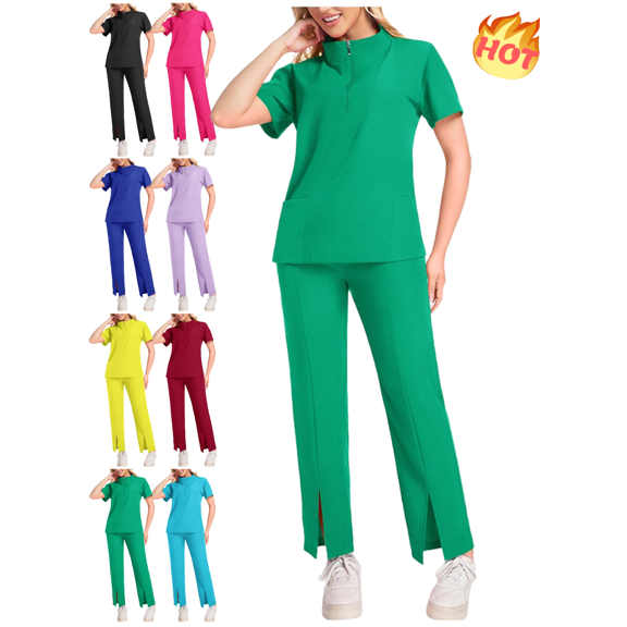 Mifsaly Scrubs for Women Set Doctors Nursing Scrubs Matching Outfits 2026 Soild Color Workwear Half Zip Short Sleeve Tops & High Waist Wide Leg Pants with Pockets XL