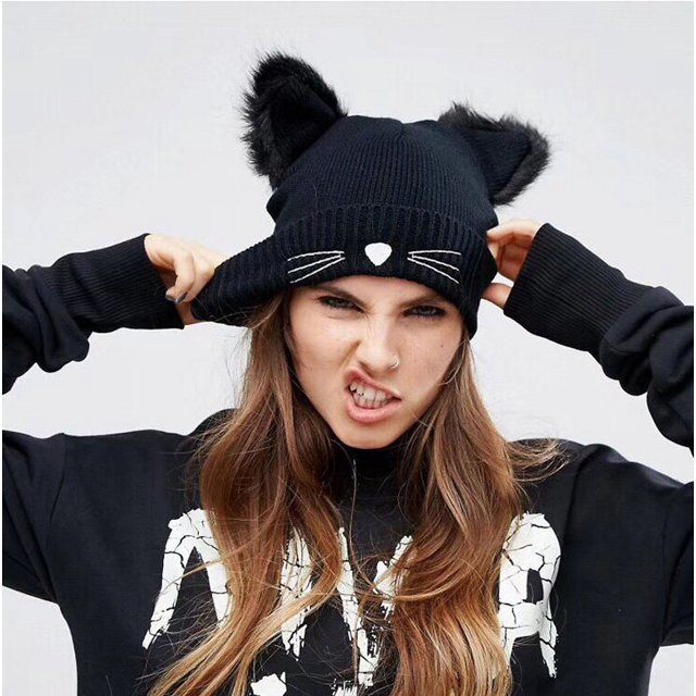 Gorro tejido con orejas de gato, gorro de lana bordado, bonito jersey cálido para otoño e invierno, gorro para el frío