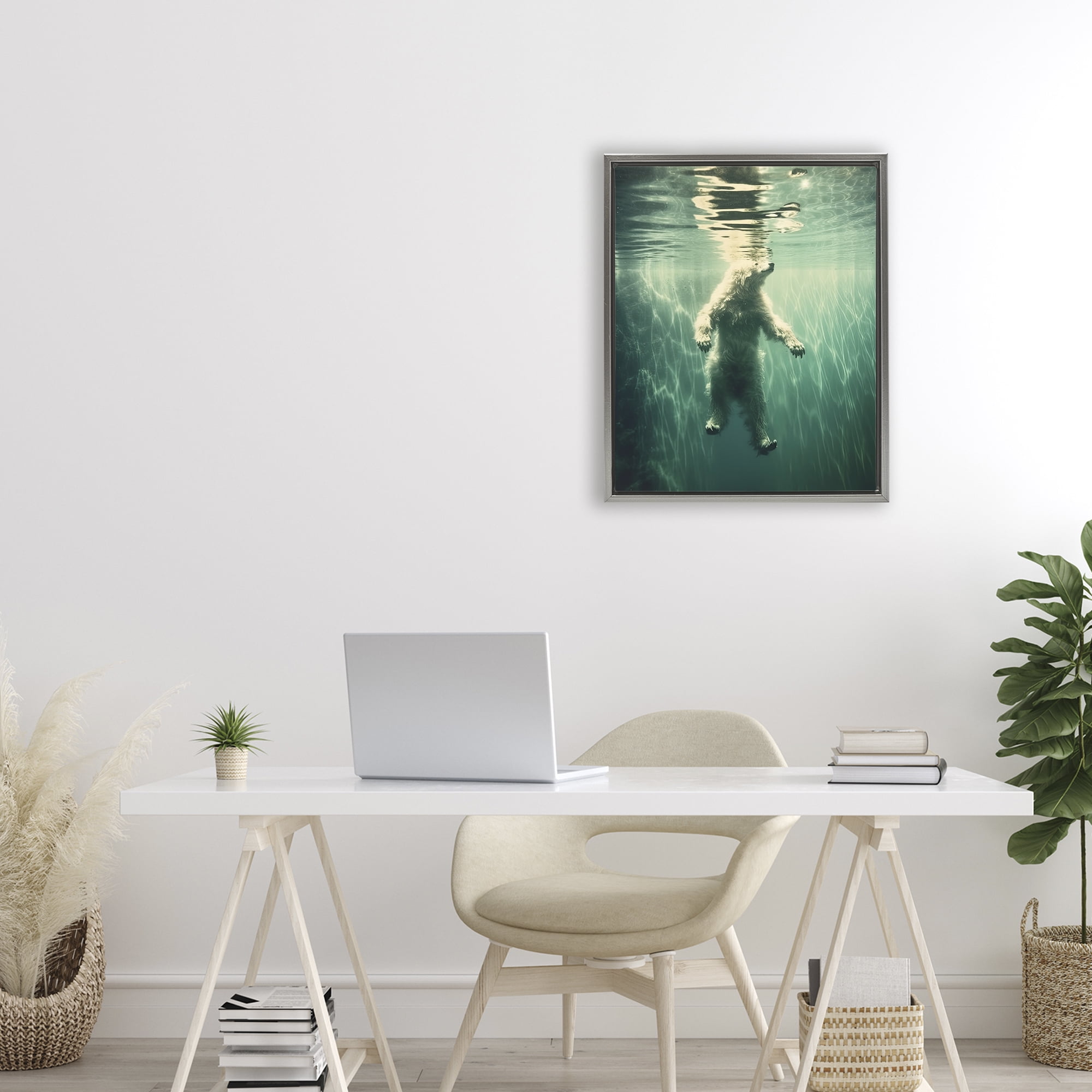 Floating Bear Underwater Gray Framed Floater Canvas Wall Art, design by Decent Exposures