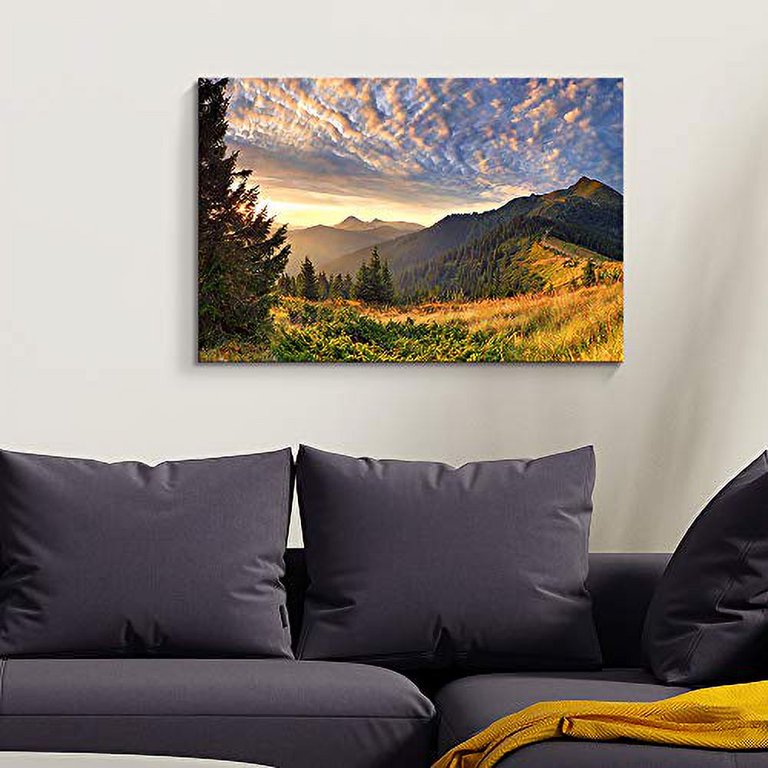 wall26 Canvas Print Wall Art Sunset Over The Golden Mountain Forest  Landscape Nature Wilderness Photography Realism Rustic Scenic Colorful  Green Ultra for Living Room, Bedroom, Office - 16"x24&q 