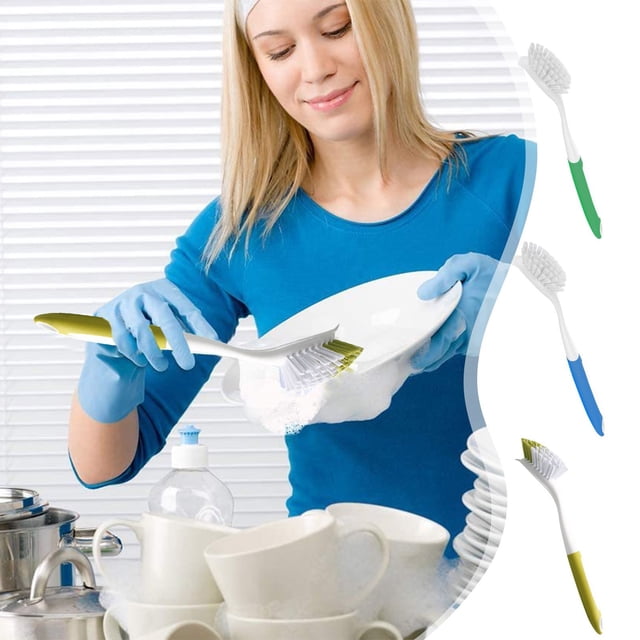 Brosse à Vaisselle de Cuisine avec Manche, Brosse à Récurer Robuste à Poils Rigides pour Casseroles Poêles Évier, Brosse à Vaisselle à Long Manche avec Grattoir Intégré, Récurant à Vaisselle Ergonomique Antidérapant pour le Nettoyage de la Cuisine