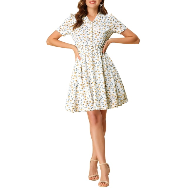 Vestido de botón con cuello en V y volantes de flores INSPIRE CHIC para mujer en blanco XL