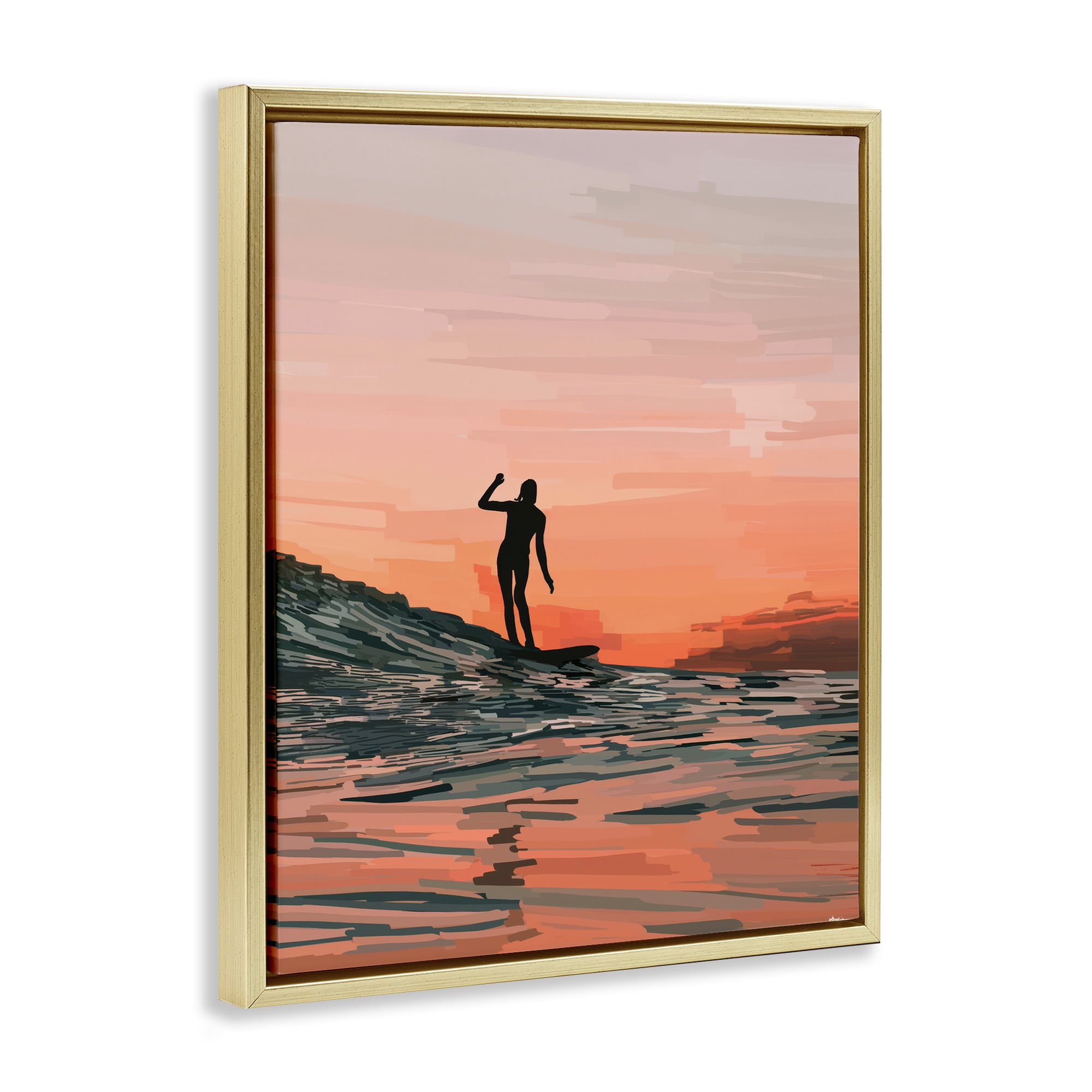 Stupell Industries Woman Surfing at Sunset Nautical & Beach Painting Gold Floater Framed Canvas Art Print Wall Art, 25 x 31