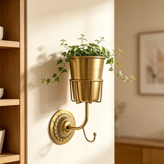 Gold Wall Mount Planter, Metal Wall Hanging Flower Pot, Vintage Wall Planter Bracket, Indoor Succulent Holder for Home Decor, 10 Inch