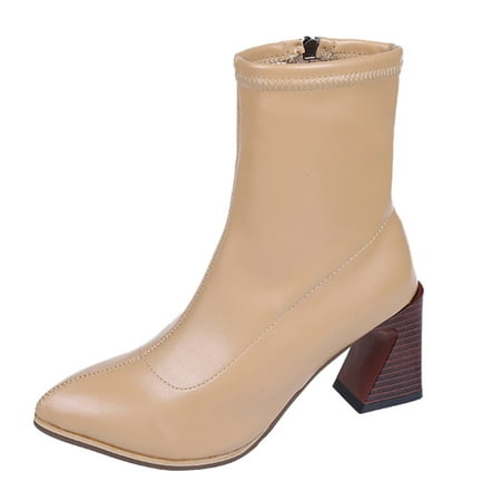 

Mackneog Wommen Boots Comfortable Pointed Toe Thick Heel Side Zipper Solid Color Autumn And Winter Gift on Clearance