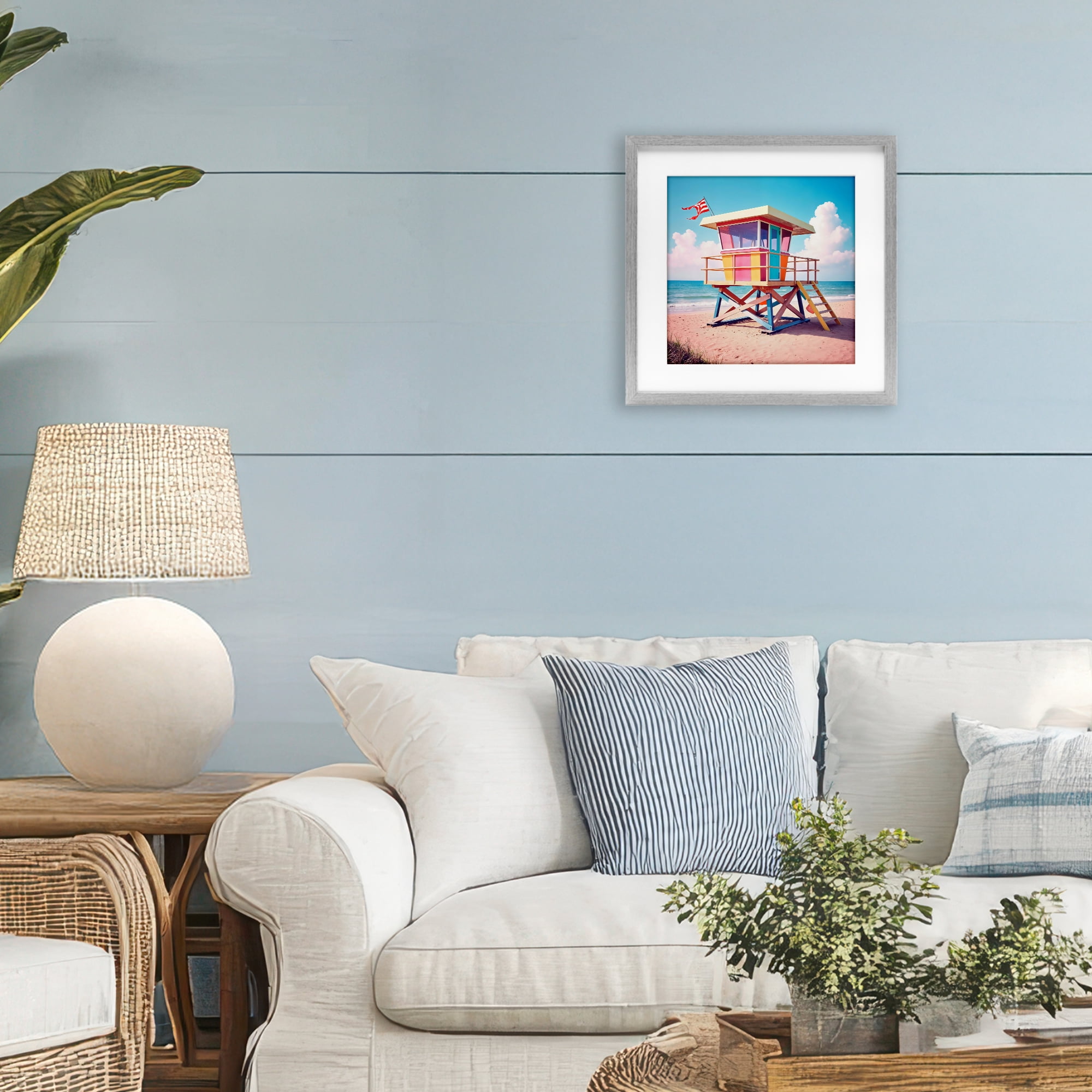 Stupell Industries Colorful Sunny Beach Tower Gray Framed Print Under Glass, design by Creative Studio