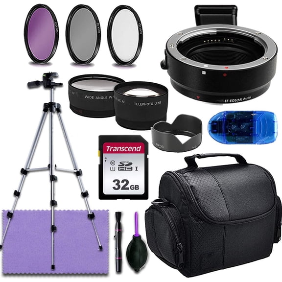 49mm Accessory Bundle for Canon M-Series DSLR Camera Includes - Auto-Focus M Adapter (EF-M Mount), 32GB Transcend Memory, 3pc-Filter Kit, Wide & Telephoto Lens, Lens Hood   Case