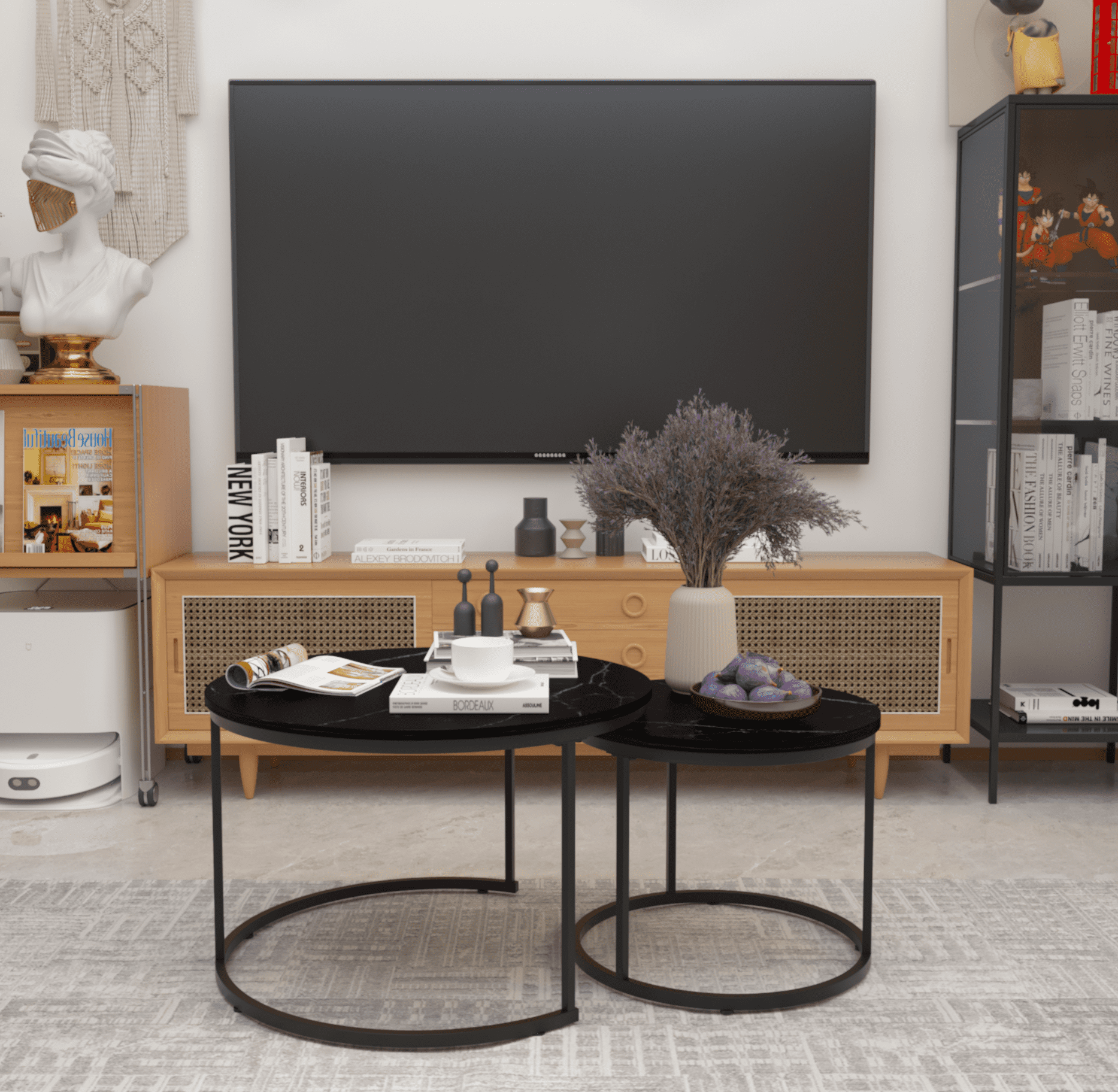Yoneston 27.6" Round Coffee Table Set of 2, Wood Marble Pattern Top with Sturdy Metal Frame for Living Room Bedroom Balcony Yard, Black
