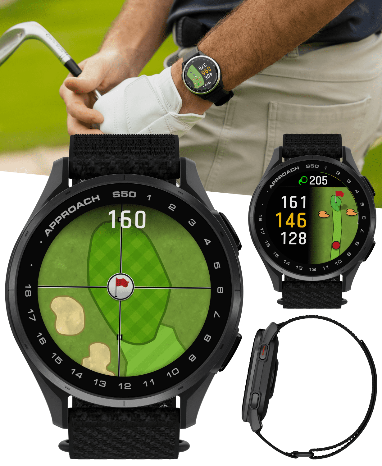 Garmin Approach S50 Golf GPS Smartwatch Slate Aluminum Bezel with Black ComfortFit Nylon Band with Wearable4U Power Bank Bundle