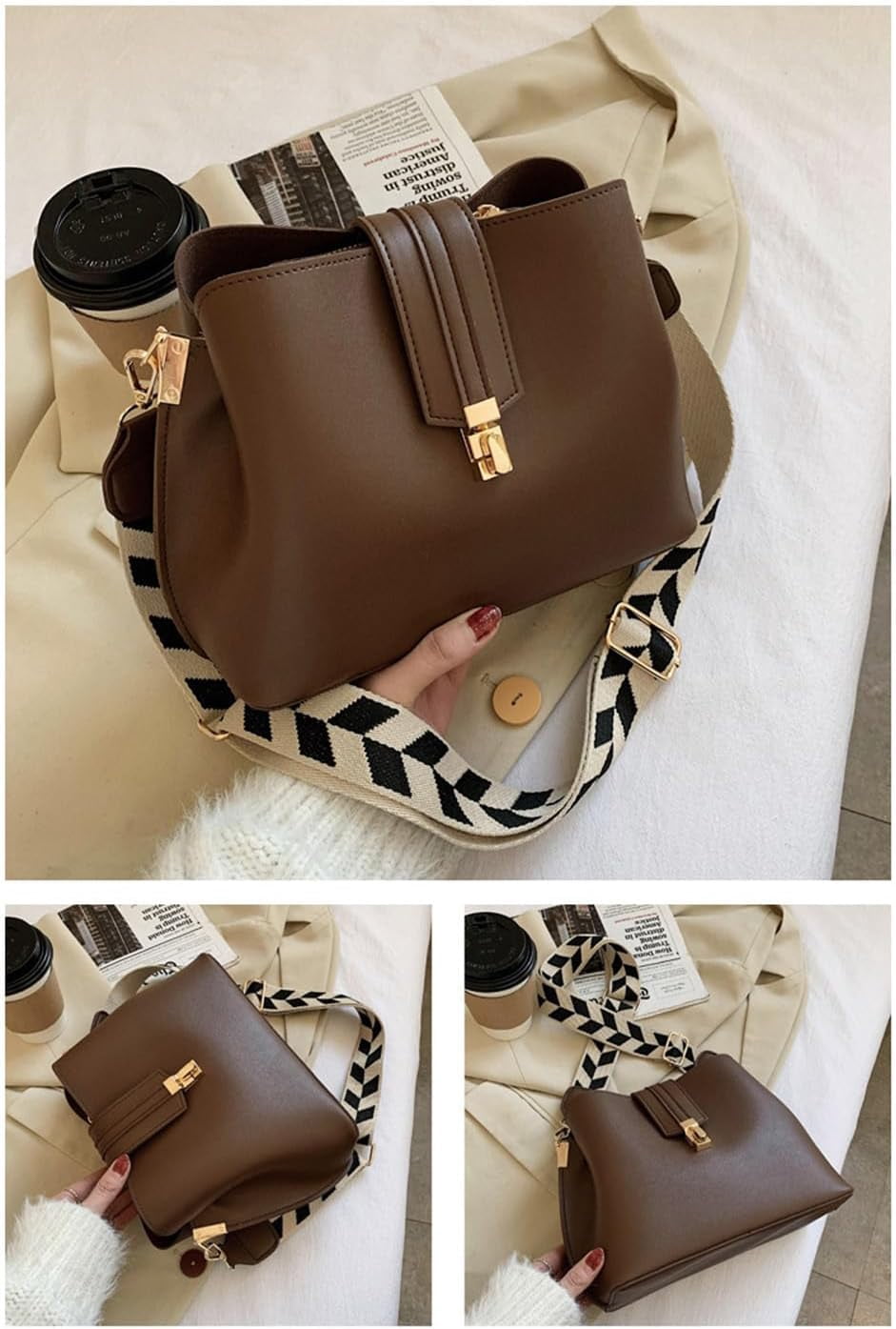 Leather Bucket Bags and Purses for Women Hobo Crossbody Bucket Handbag with Guitar Strap Casual Hobo Shoulder Bag