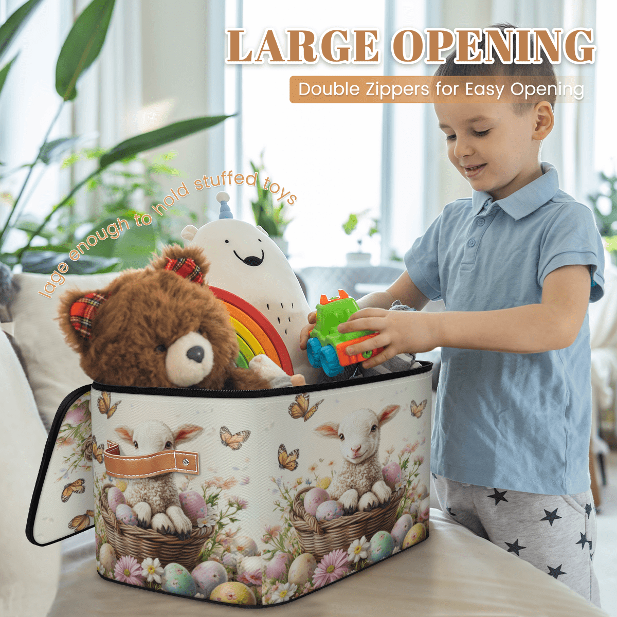 ADECORIVY Cute Lamb Flower Storage Bin with Lid Fabric Easter Foldable Storage Baskets Boxes for Clothes Shelves Closet Organizer Containers with Leather Handles for Wardrobe