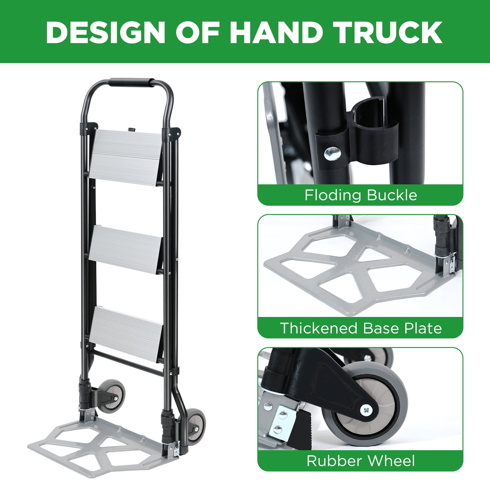 2 in 1 Step Ladder & Hand Truck,Aluminum 3 Step Stool,Folding Ladder with Anti-Slip Pedal,Heavy Duty Dolly Cart, Utility Platform Cart with Wheels