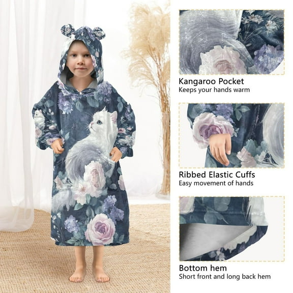 YAZAOO Kids Wearable Blanket Hoodie Warm and Cozy Charming Cat Blossoms Flannel Sweatshirt