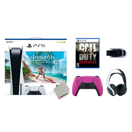 Sony Playstation 5 Disc Horizon Forbidden West Bundle with Extra Nova Pink Controller, White PULSE 3D Headset, Calll of Duty: Vanguard and Camera