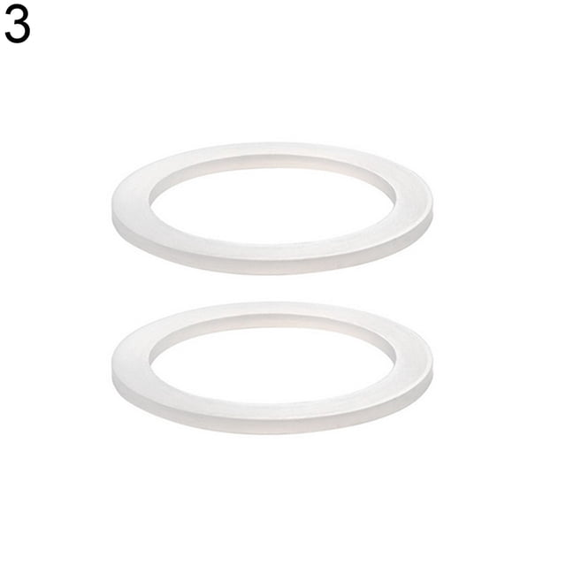 Lubelski 2Pcs Silicone Sealing Ring Spacer Coffee Accessories Replacement for Moka Pot. The image displays two white silicone rings crafted from food-grade silicone, ensuring they are non-toxic, odorless, and flexible. These rings are soft, durable, and designed to prevent cracks or leaks, with an approximate size of 6.4cm x 5cm (2.52" x 1.97").