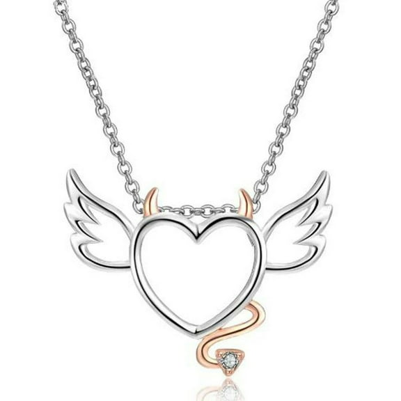 Solitaire Simulated Diamond Angel Heart & Devil Pendant Necklace Sterling Silver