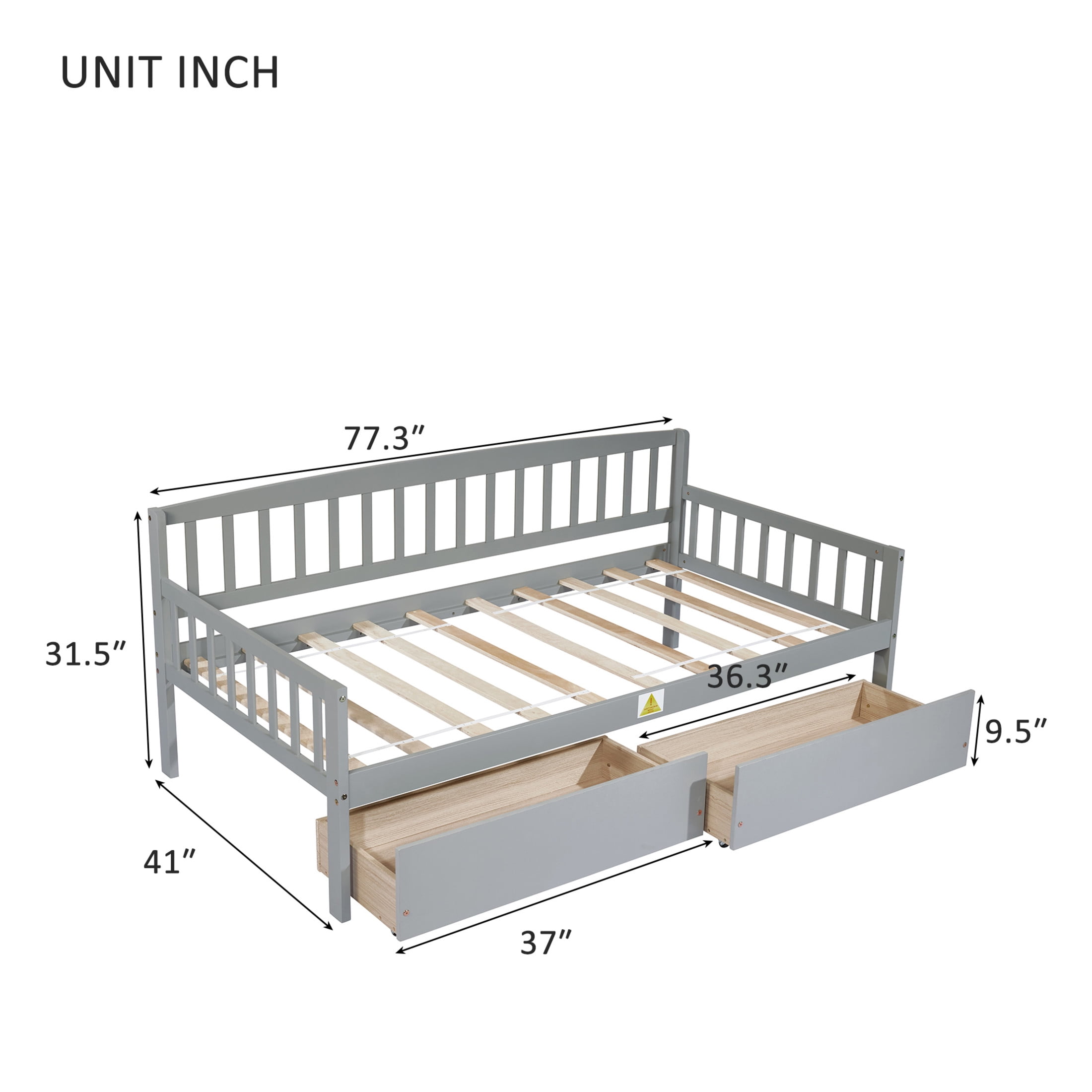 Noble House Kim Twin-size Daybed with Two Storage Drawers, Pine Wood Frame Sofa Bed with Bed Platform, Grey