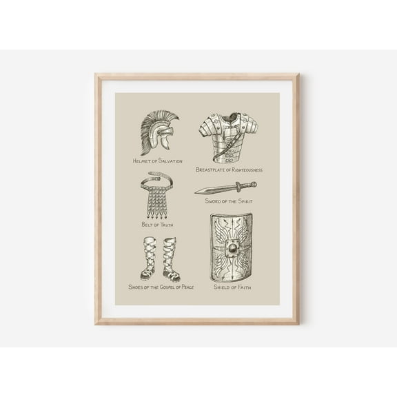 Full Armor Of God Poster Print Christian Picture Hand-Drawn Artwork, Ephesians 6:13-18, The Sword Of The Spirit, Shield Of Faith UNFRAMED Poster, Wall Art for Decor, Present, 8x12