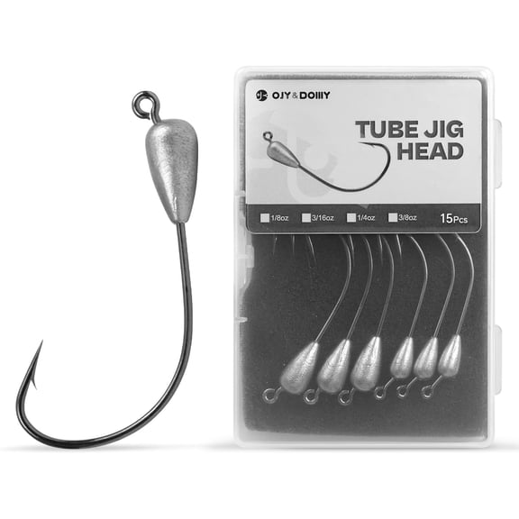 Tube Jig Heads for Bass Fishing 1/16 1/8 3/16 1/4 3/8oz with 3/0 4/0 Hooks (15 PCs)