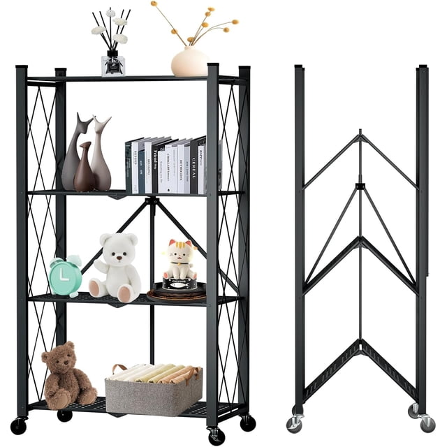 Tier Folding Shelf with Wheels Metal Steel Collapsible Shelves Folding Bookshelf no Assembly Portable Folding Storage Shelves Rolling Standing Utility Rack for Kitchen Office Rustic