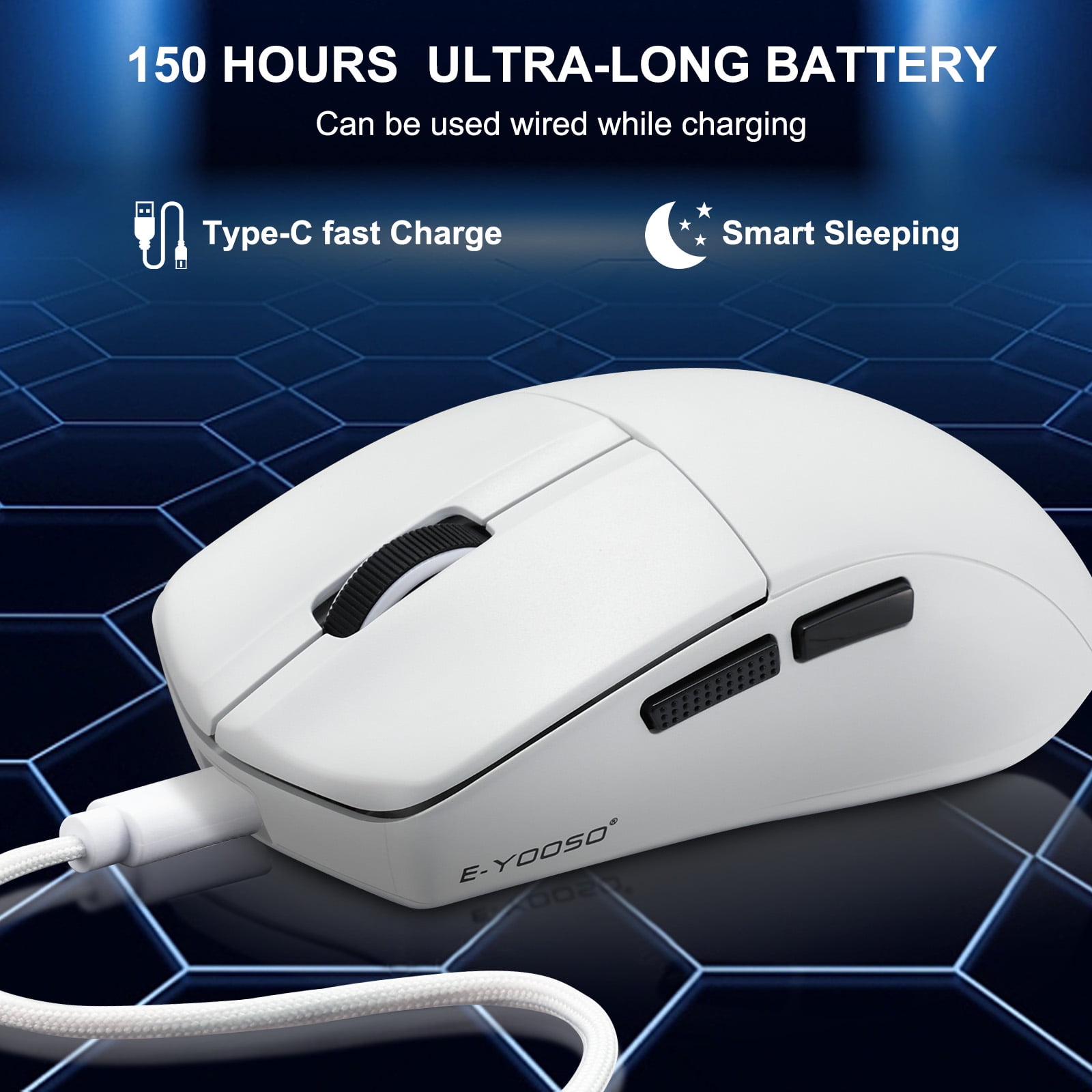E-YOOSO Wireless Gaming Mouse, 49g Superlight, PAW3395 Sensor 26,000 DPI, 2.4G/Bluetooth 5.1/Wired, 5 Programmable Buttons, 150 Hr Battery, Software Support for PC, Mac, White