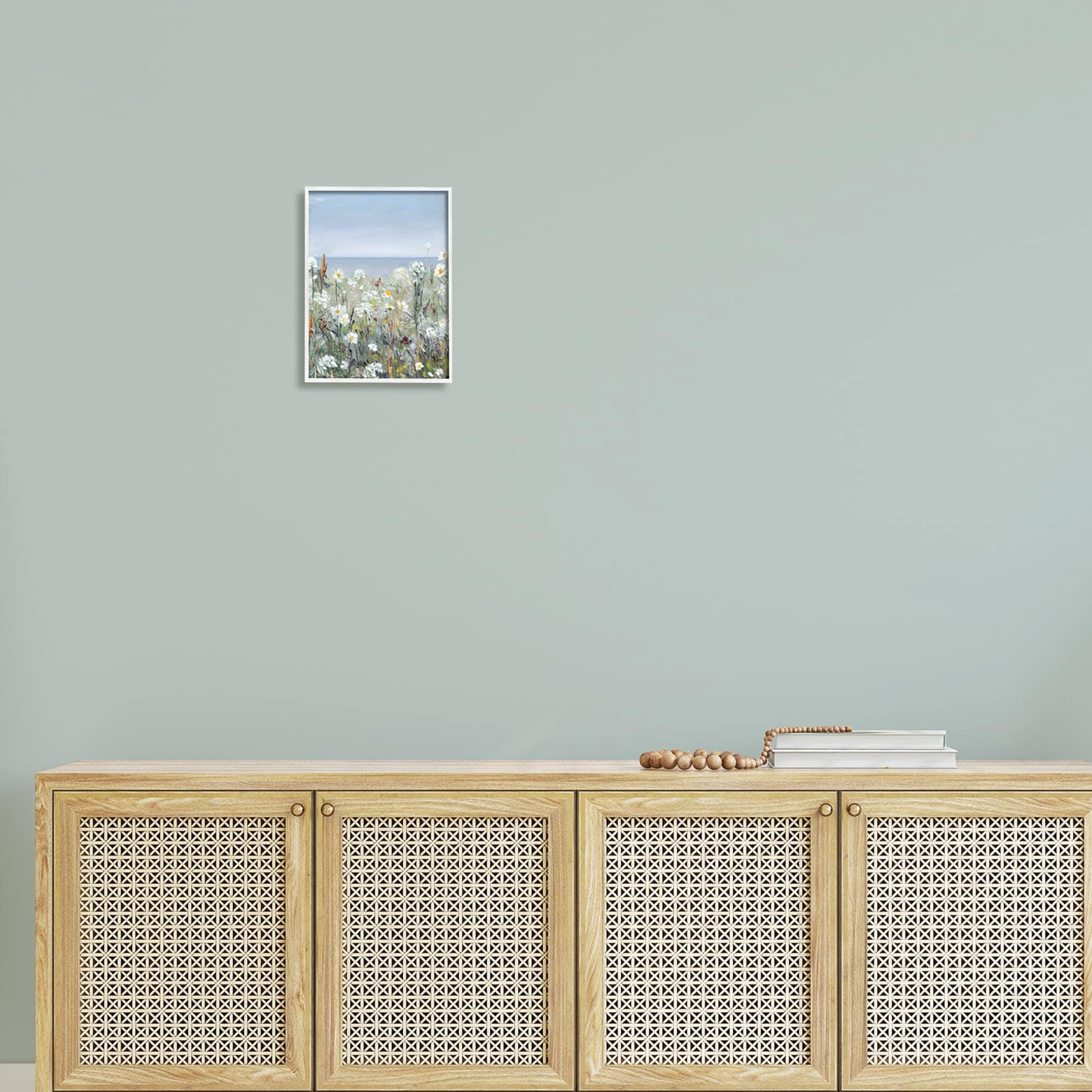 Stupell Industries Pleasant Summer Flower Field Distant Beach Shore Painting White Framed Art Print Wall Art, Design by Sally Swatland
