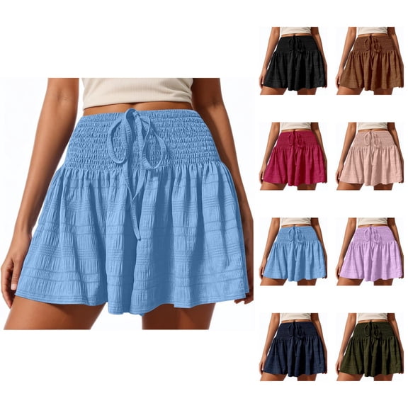 Casual Shorts for Women Summer Smocked High Waisted Lightweight Wide Leg Flowy Beach Shorts Cover Up
