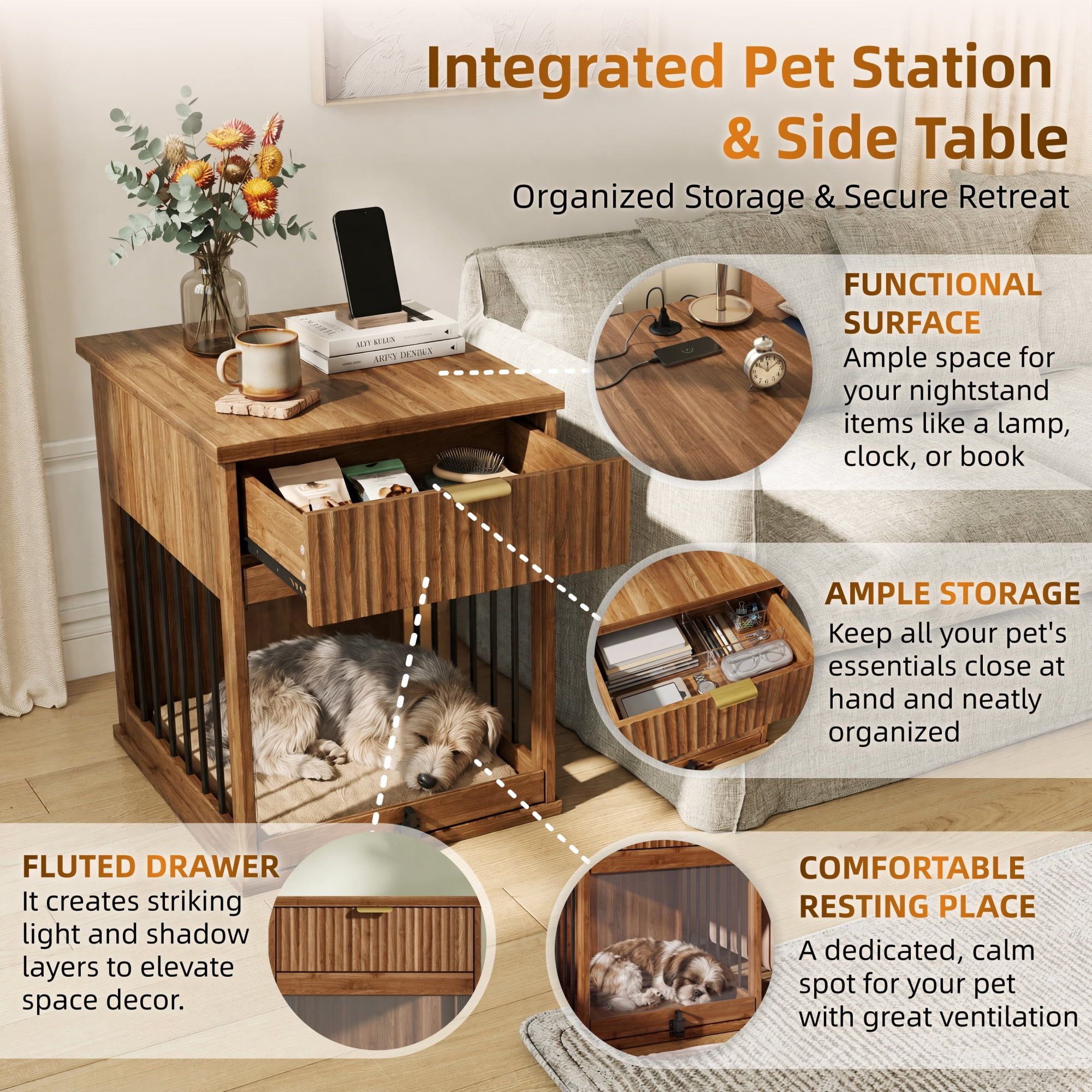 Leumius End Table with Charging Station, Dog Crate with Hideaway Tempered Glass Door, Multi-Functional Pet Station Side Table with Storage Drawer for Small Medium Dog Brown