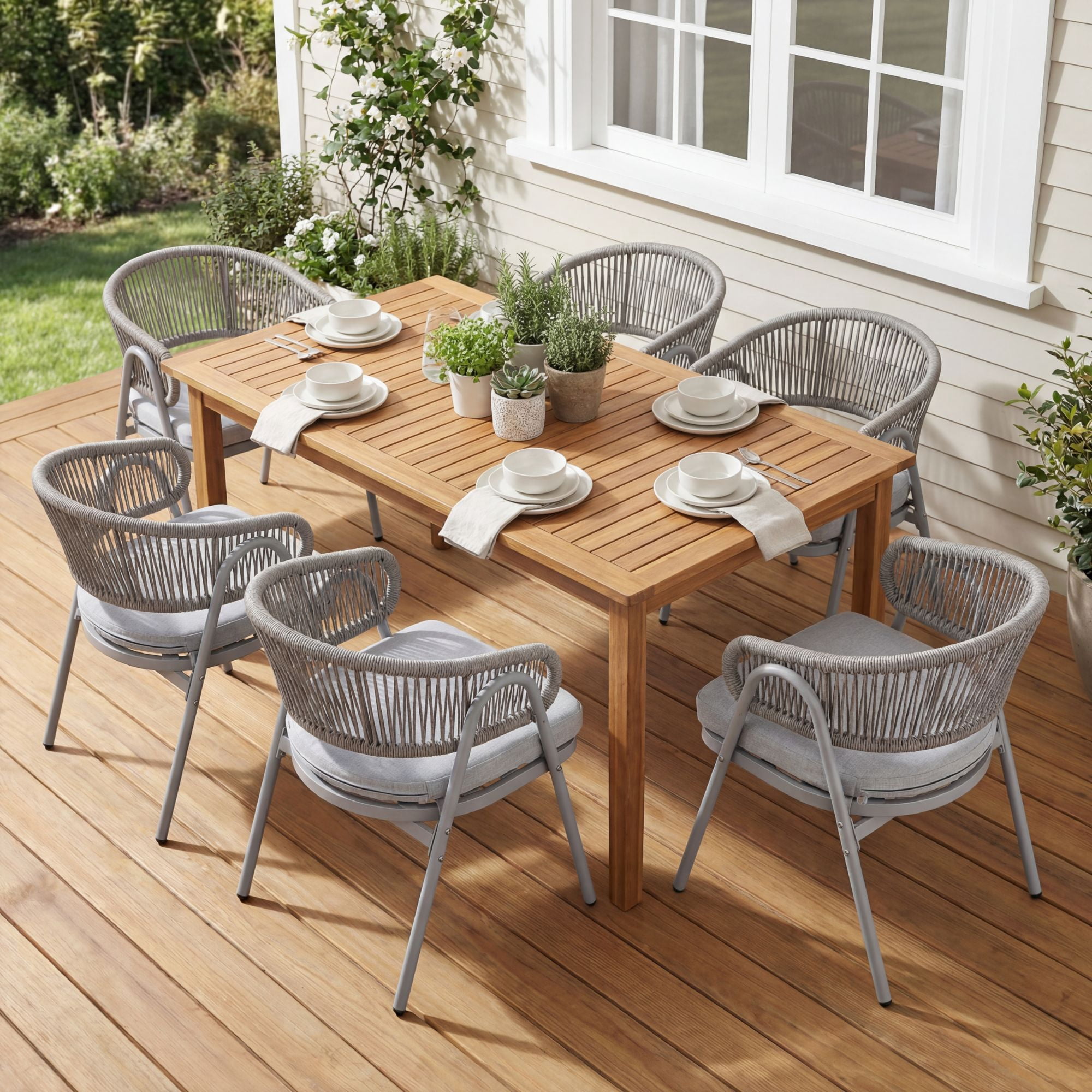 Dayalane Outdoor Dining Chairs Set of 6, Modern Rope Woven Patio Armchairs with Curved Back, Weather-Resistant Metal Frame, Balcony Backyard Bistro Seating, Grey