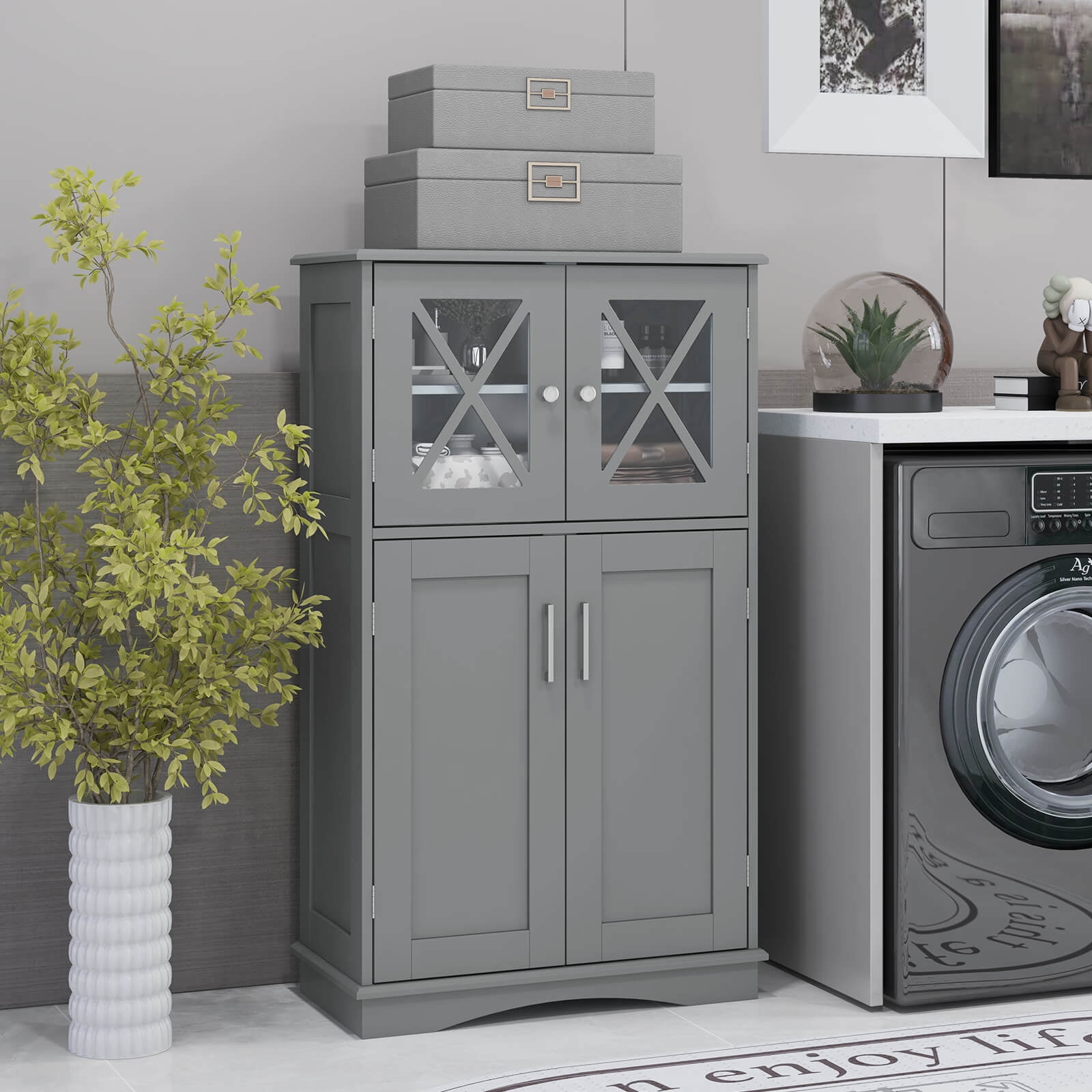 Costway Bathroom Storage Cabinet Linen Storage Cabinet with Doors and Adjustable Shelves Grey